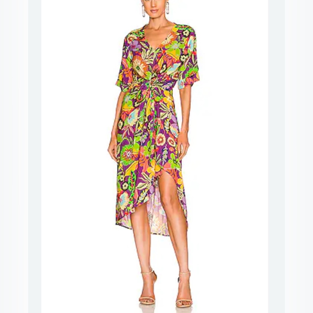 LE SUPERBE - women’s floral muse asymmetric tie front mid dress V- neck SZ M / 6
